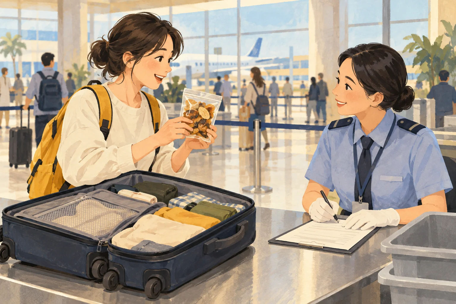 공항 검역 창구에서 휴대 식품을 보여주는 여행자 일러스트