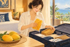 건망고와 과자 선물을 여행 가방에 정리하는 여행자 일러스트